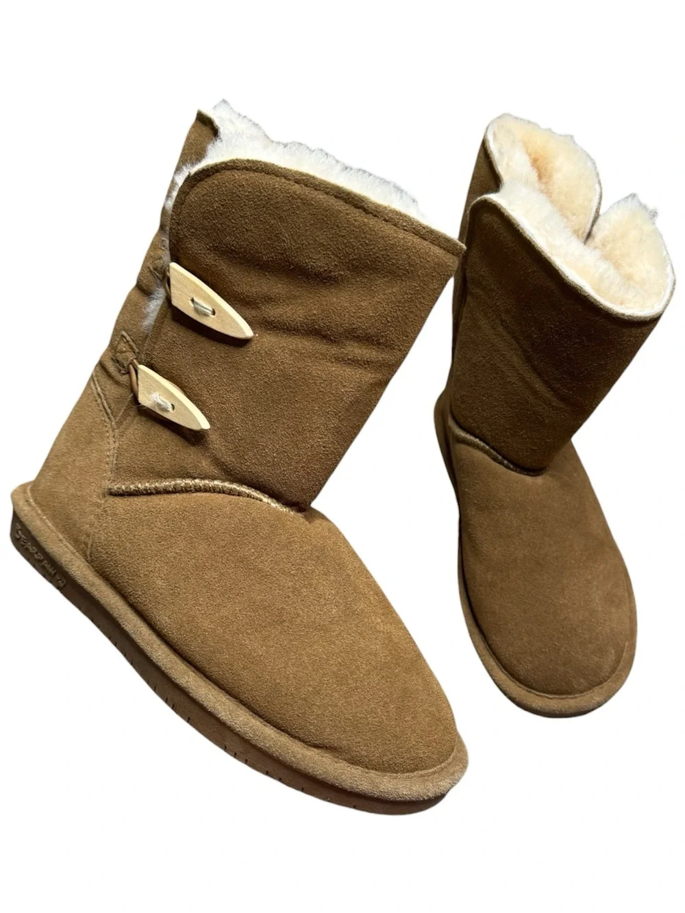 BEARPAW Brown Suede Sheepskin Lined Winter Boots Women’s Size 7 Toggle Mid Calf